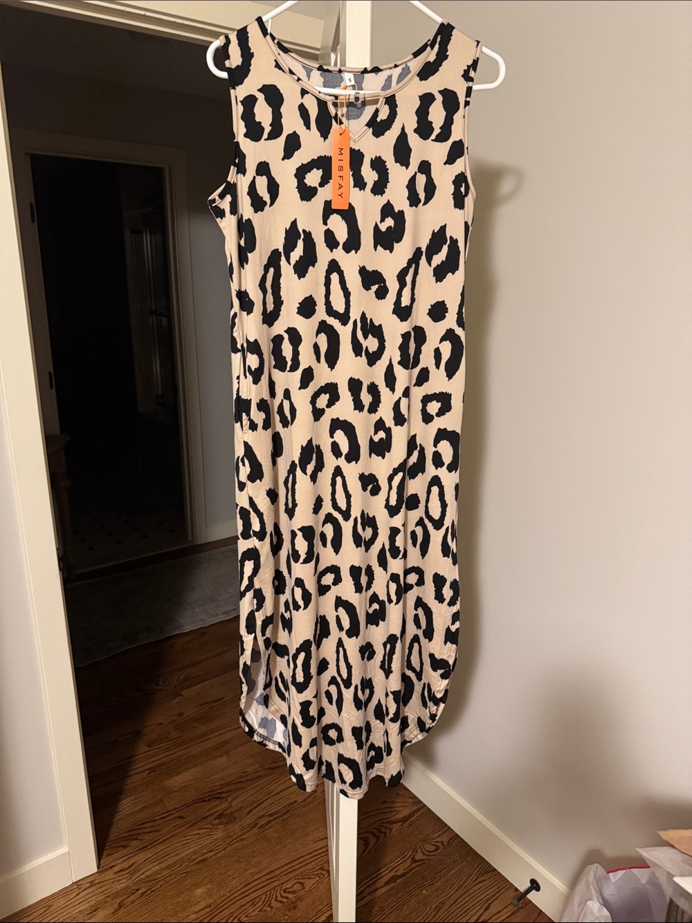 Leopard Print Sleeveless Midi Dress in Beige and Black